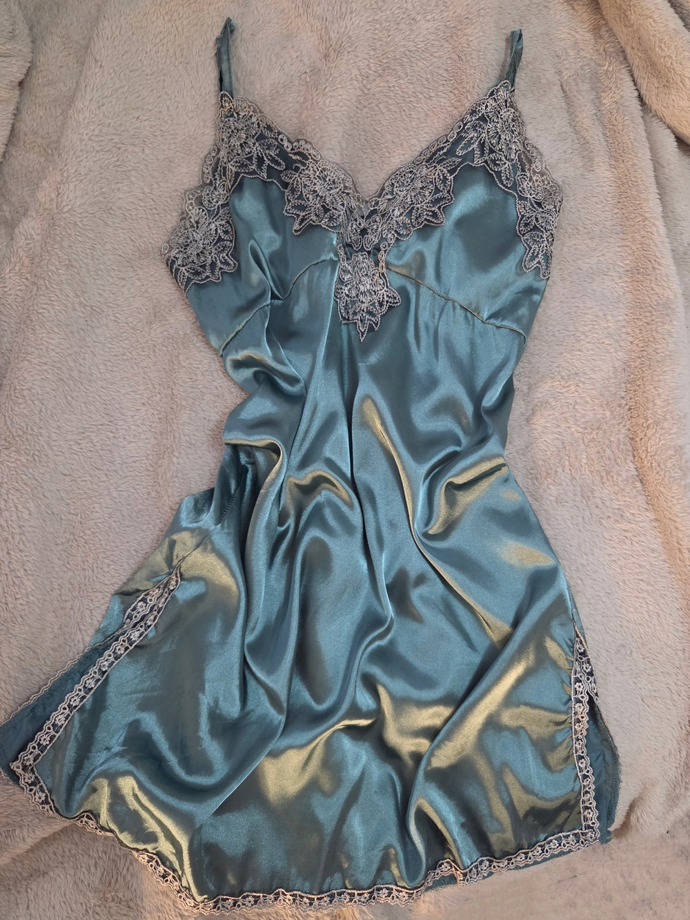 Baby blue mint slip dress in satin, silver lace details lingerie sleepwear